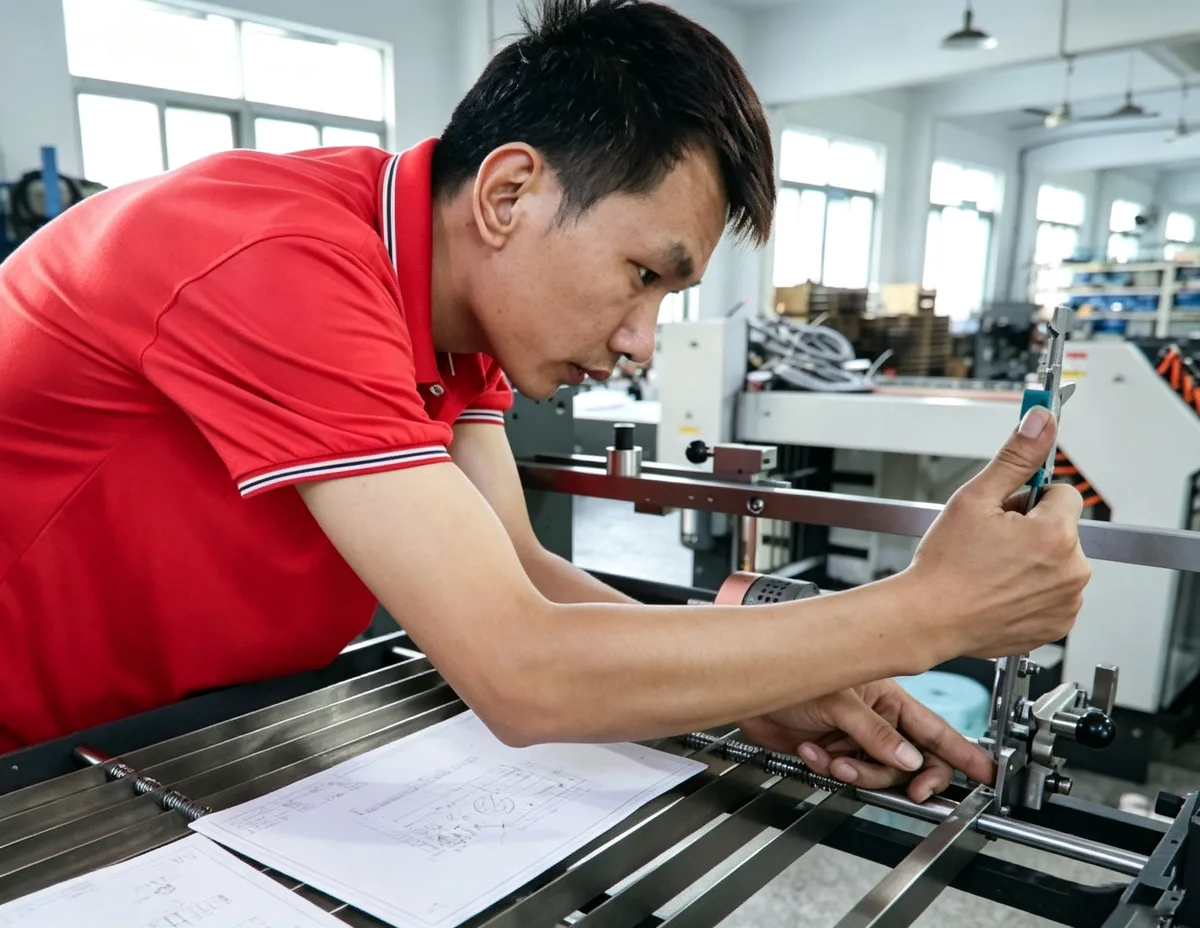 A technician using a measuring tool to check a SPEED folding machine